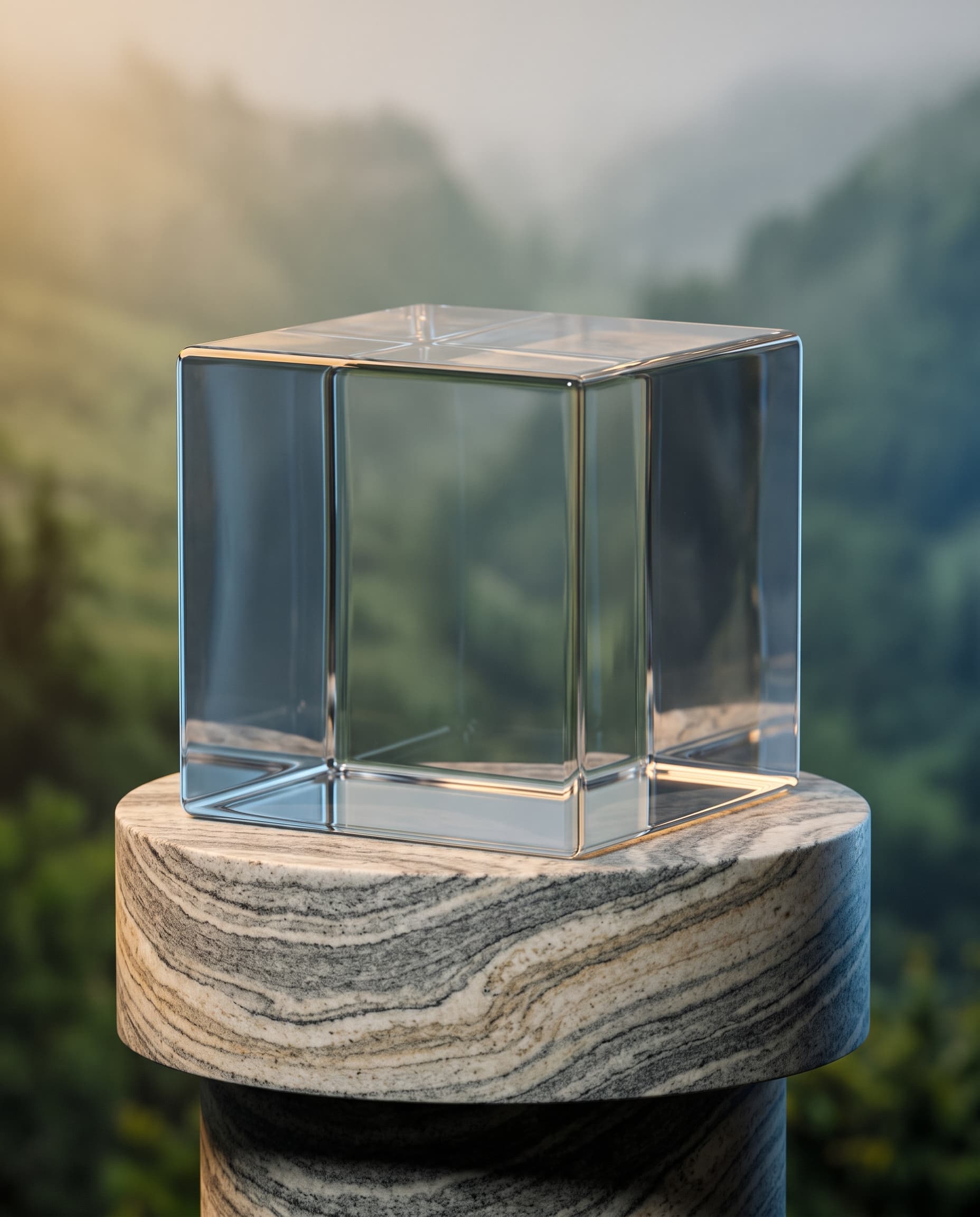 A single glass box on a marble plinth above a misty valley