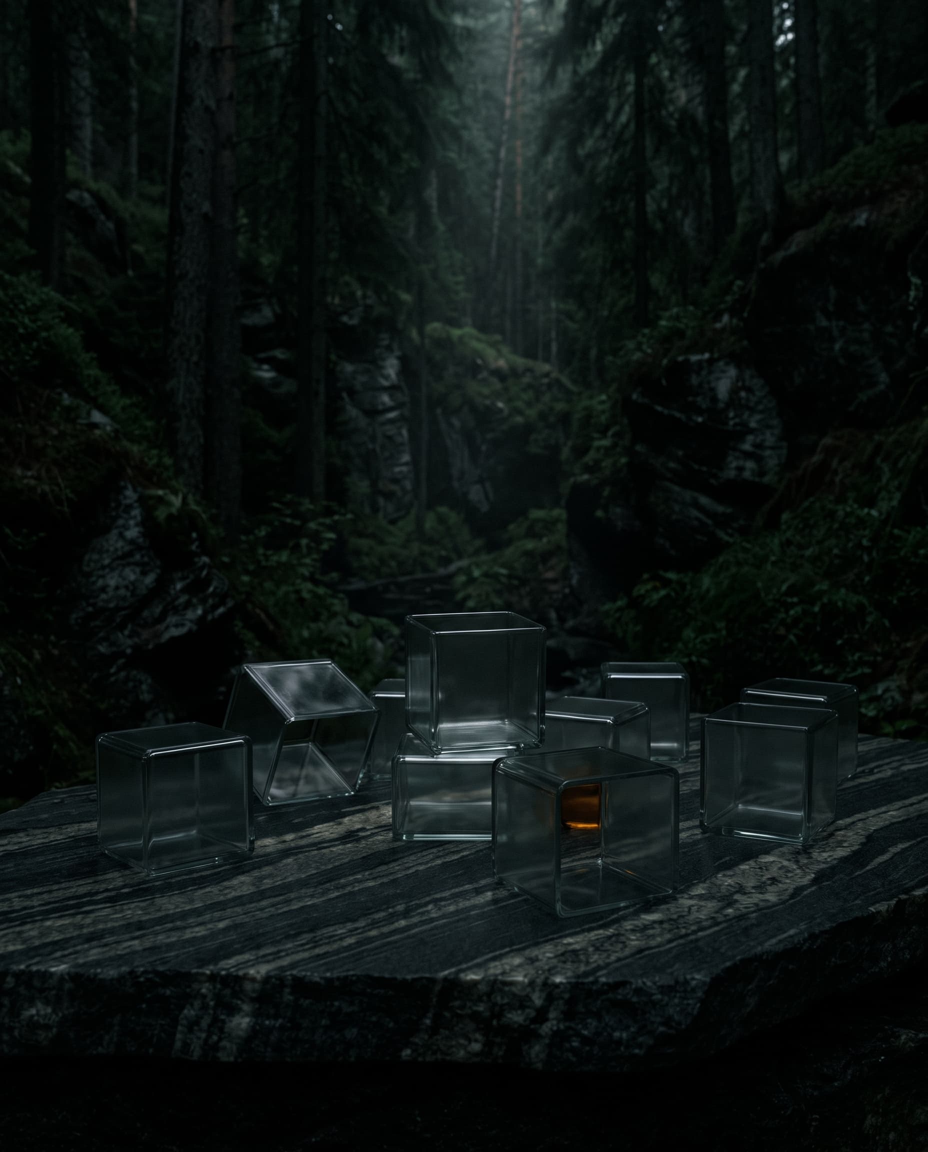 Glass boxes scattered across a stone ledge in a dark forest
