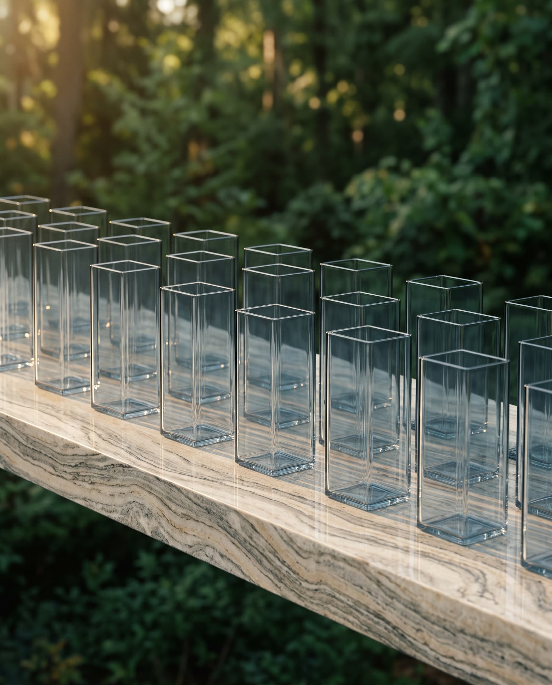 Glass boxes aligned in neat rows on a marble shelf in sunlit woodland