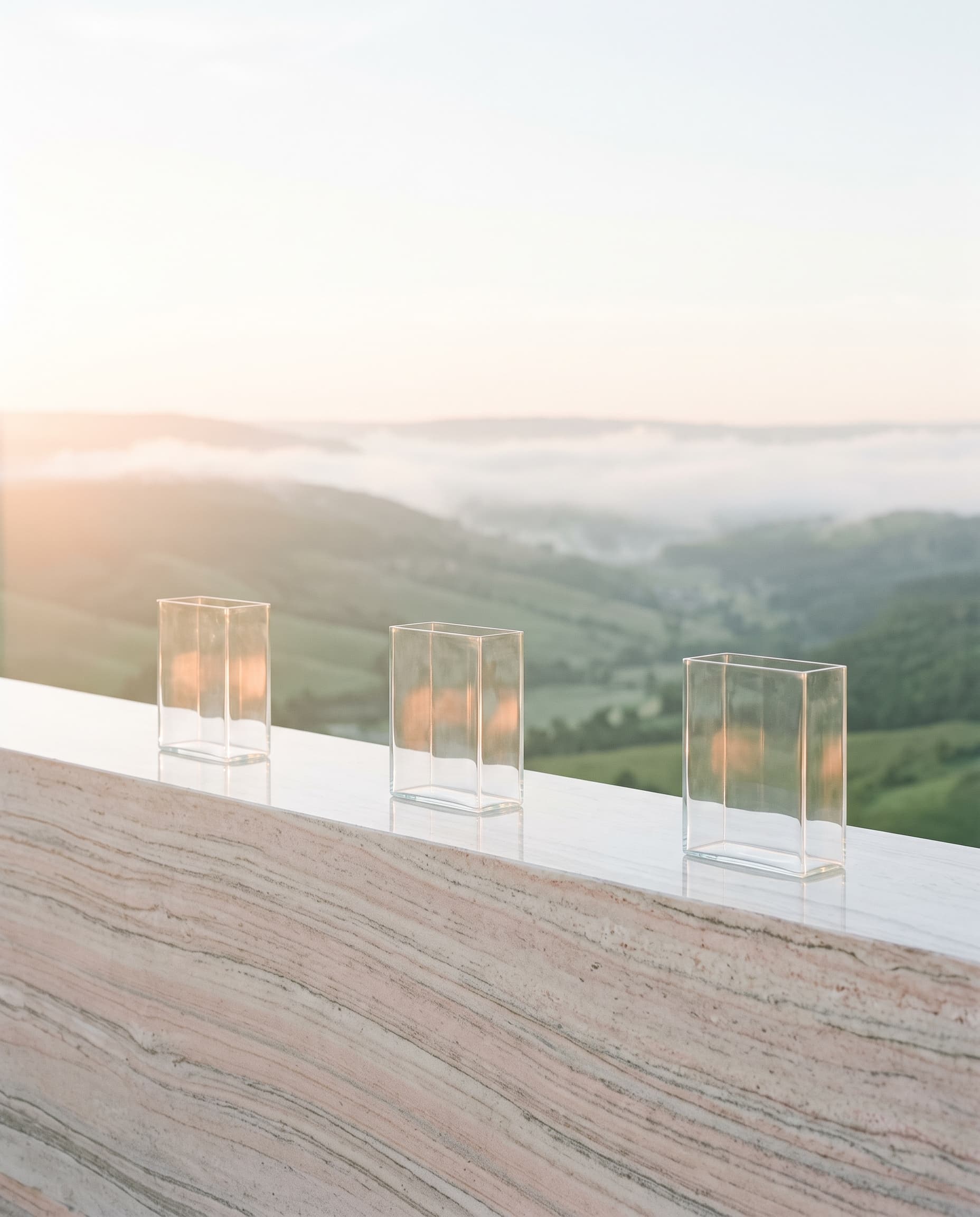 Three glass boxes on a pale stone ledge above a misty valley