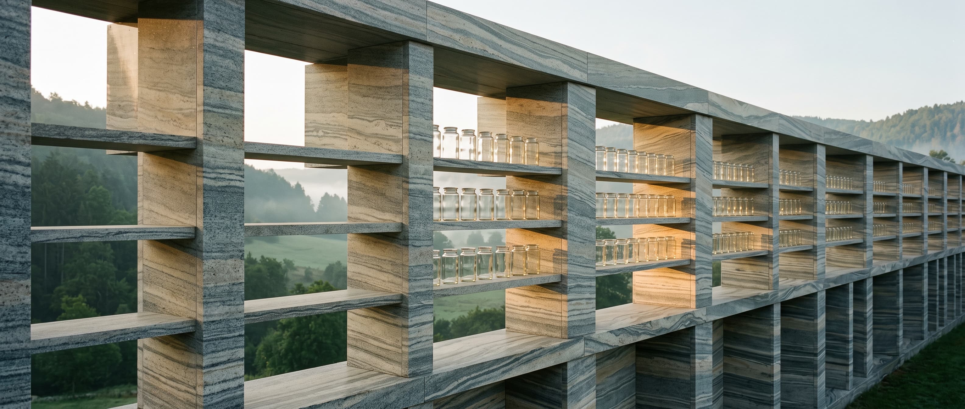A long marble colonnade of shelves holding rows of glass boxes